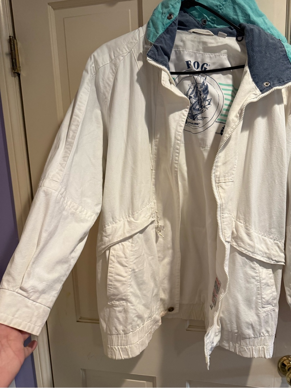 London Fog White Hooded Jacket with Blue Hood